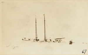 Image of Bowdoin in winter quarters, Wiscasset flag